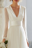 Ivory Tulle V-Neck A-Line Floor Length Wedding Dress with Sleeves